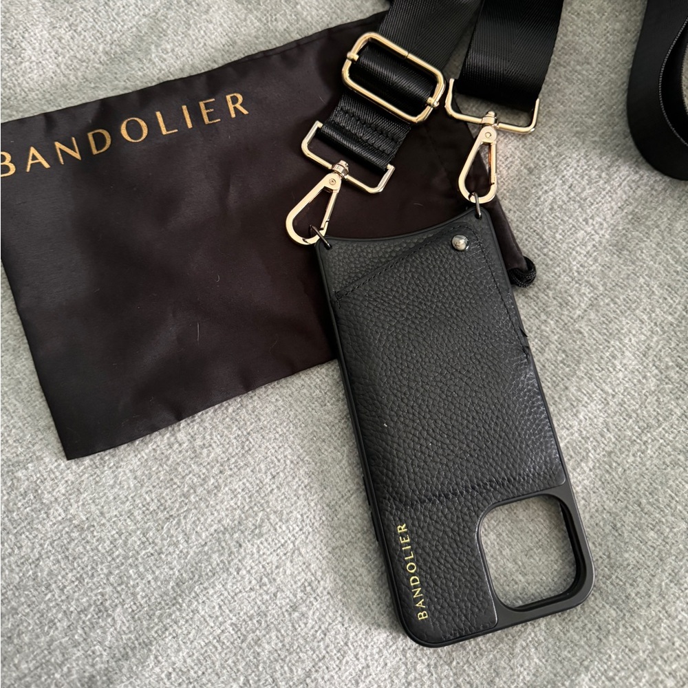 EUC Bandolier Black Leather Emma IPhone 13 Pro Max phone case with Nylon Strap.
